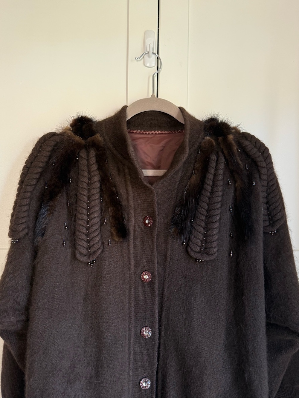 Vintage 80s Real Fur Trim Brown Cardigan Jacket Size L - Picture 7 of 7